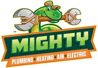 Cartoon snake wearing a cap holds wrench and plunger, above text: "Mighty Plumbing Heating Air Electric" in bold green and orange.