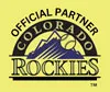 Colorado Rockies logo with mountains and a baseball, labeled "Official Partner" on a yellow background.