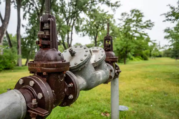 A close-up of a backflow prevention valve assembly installed on a pipe, set in a grassy outdoor area with trees in the background.