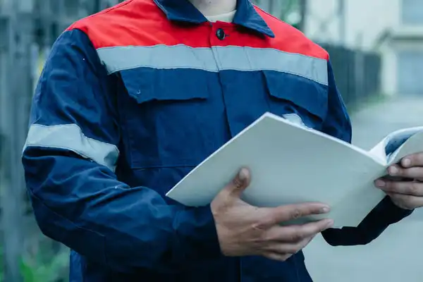 Person in a blue and red uniform holding open documents outdoors near buildings.