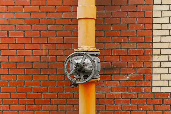 Yellow industrial pipe with a metal valve against a brick wall background.