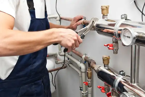 Person in overalls using a wrench to tighten pipes in a plumbing system, surrounded by various valves and gauges.