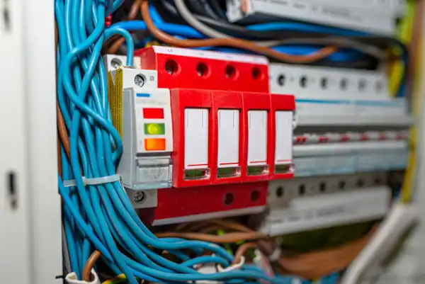 Close-up of an electrical panel with a focus on four red switches and numerous blue and brown wires neatly arranged.