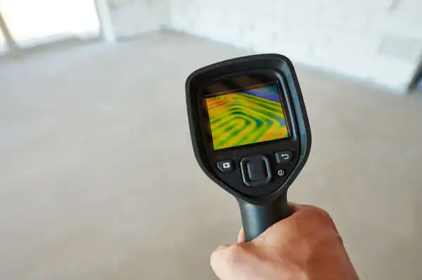 A person holds a handheld infrared thermal imaging camera displaying heat patterns on its screen inside a room.