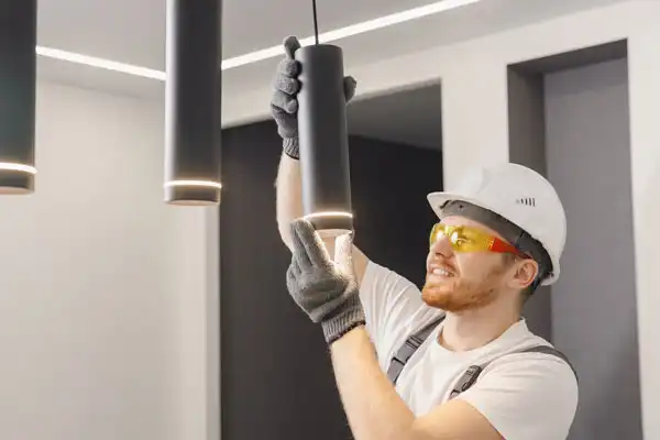 A worker wearing a white hard hat and yellow safety glasses installs a black cylindrical ceiling light fixture in a modern room.