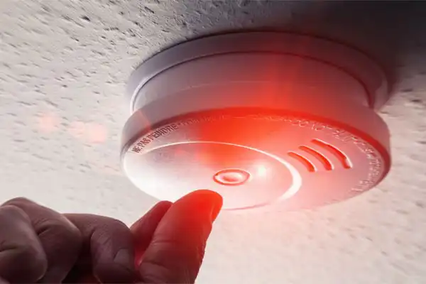A person pressing the test button on a ceiling-mounted smoke detector with a red light indicator.