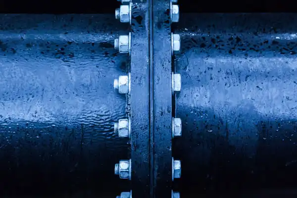 Close-up of two large blue pipes connected by a flange with bolts.