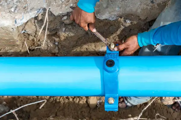 Person tightening bolts on a blue water pipe in a trench.
