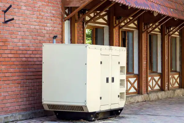A large outdoor generator is installed next to a brick building with wooden trim and windows under a tiled roof.