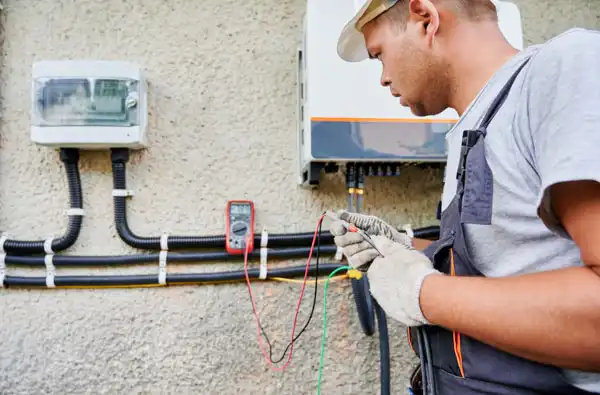Electrician in gloves and cap uses a multimeter to check electrical cables on a building exterior.