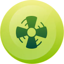 Icon Of A Dark Green Fan Inside A Light Green Circular Button, Representing An Air Circulation Or Cooling Function.