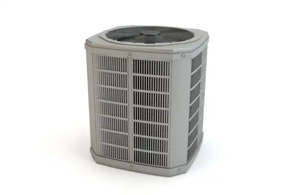 Outdoor air conditioning unit with a fan on top, encased in a metal frame with vertical slats, standing on a plain background.