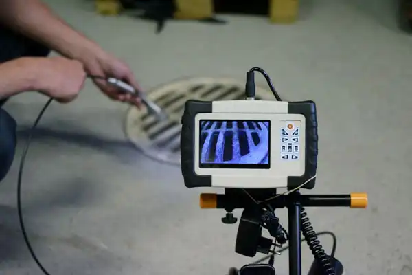 A person uses an inspection camera to view the interior of a drain. The camera screen shows a detailed image of the drain's inside.