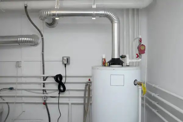 A boiler room with a white cylindrical water heater, metal pipes connected above, and various valves and connections along the walls.