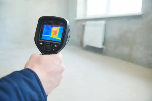 A person holds a thermal imaging camera in an empty room, aiming it at a window and radiator to detect temperature variations.