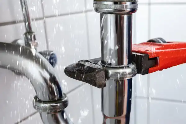 Water spraying from a leaking pipe under a sink while a wrench is applied to fix it.