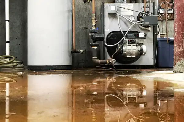 Basement with water heater and furnace, surrounded by puddles on the floor, indicating a possible leak or flood.