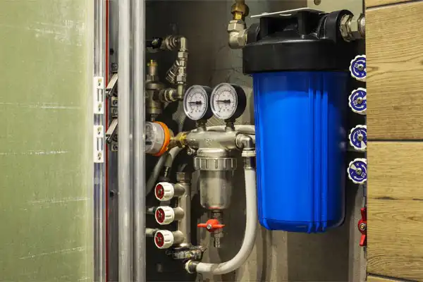 Image of a plumbing system with pipes, gauges, and a large blue water filter in a utility area.