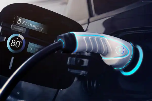 Electric vehicle charging with a plugged-in charger, display shows 80% charge and 5 seconds remaining.
