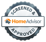 Homeadvisor Screened And Approved Badge With A House Icon On A Striped Gray And White Circular Background.